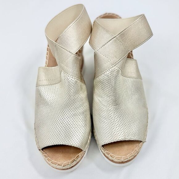 Gentle Souls CRISTA Gold Leather Tan Woven Open Toe Espadrille Wedge Sandals - Picture 2 of 16